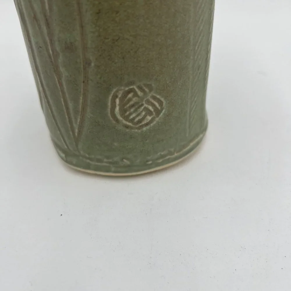 Tulip green studio pottery Asian inspired stamp signed spring vase